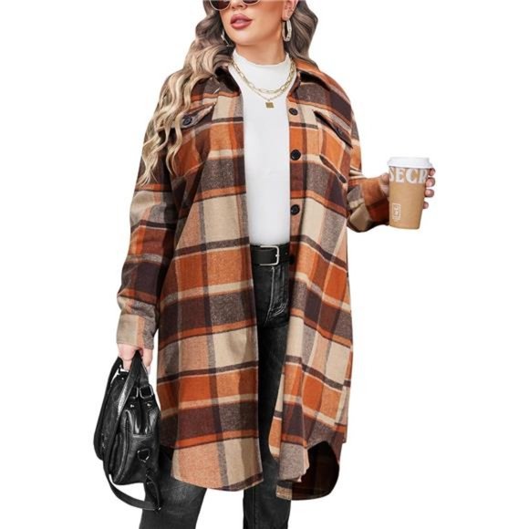 Women's Plus Size Flannel Plaid Shirts Long Sleeve Button Down Long Jacket Coats - Picture 1 of 6